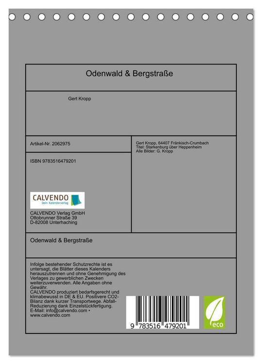 Produktbild: Odenwald & Bergstra&szlig;e (Tischkalender 2026 DIN A5 hoch), CALVENDO Monatskalender