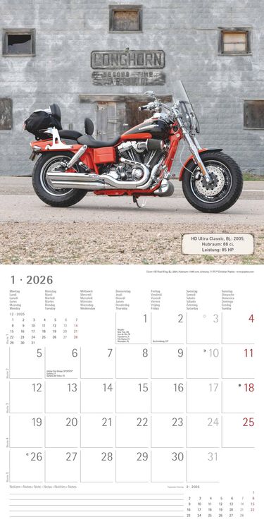 Produktbild: Harleys 2026 - Broschürenkalender 30x30 cm (30x60 geöffnet) - Kalender mit Platz für Notizen - Motorräder - Bildkalender - Wandplaner - Harley-Davidso