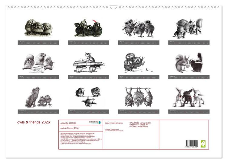 Produktbild: owls & friends 2026 (Wandkalender 2026 DIN A2 quer), CALVENDO Monatskalender