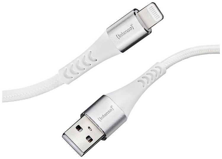 Produktbild: Intenso USB-Kabel USB 2.0 USB-A Stecker, Apple Lightning Stecker 1.50 m Wei&szlig; Stoff-Ummantelung 7902102
