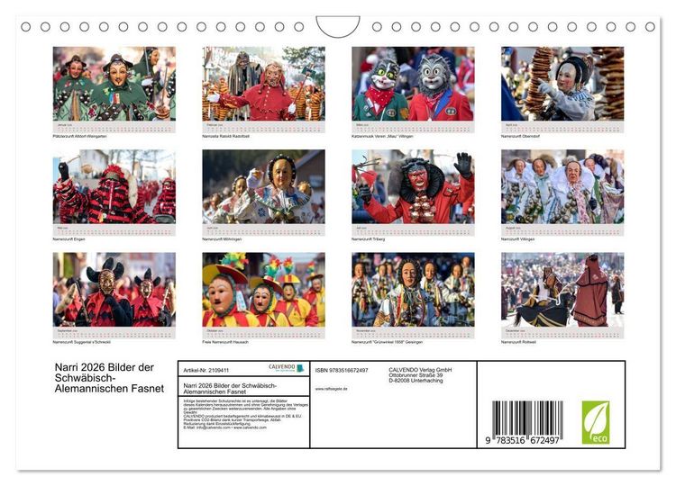 Produktbild: Narri 2026 Bilder der Schw&auml;bisch-Alemannischen Fasnet (Wandkalender 2026 DIN A4 quer), CALVENDO Monatskalender