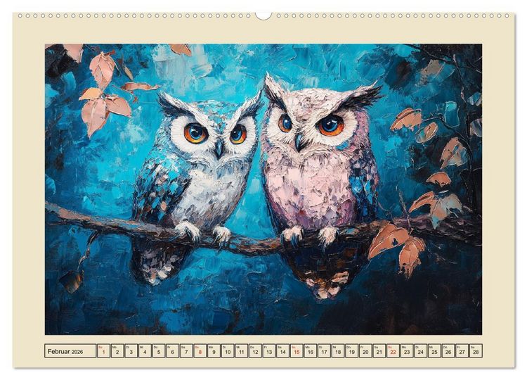 Produktbild: Bunte Eulenpoesie. Kunstvolle V&ouml;gel in &Ouml;lgem&auml;lde-Optik (Wandkalender 2026 DIN A2 quer), CALVENDO Monatskalender