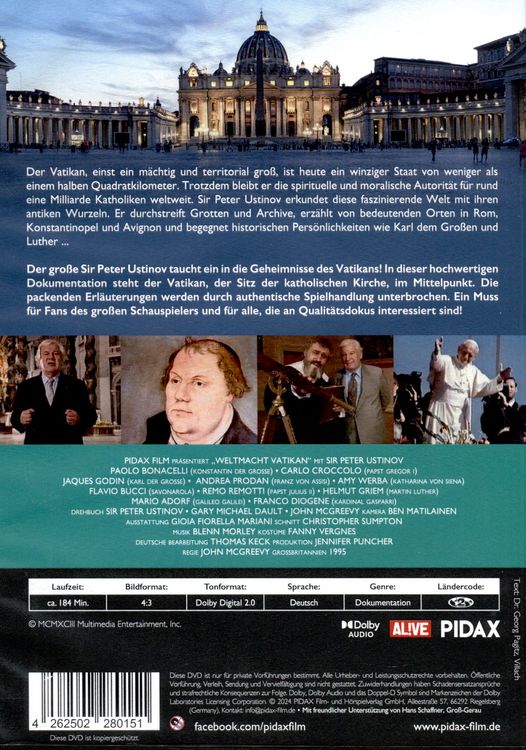 Produktbild: Weltmacht Vatikan - pr&auml;sentiert von Sir Peter Ustinov / Die komplette 3-teilige Dokumentation pr&auml;sentiert von Sir Peter Ustinov (Pidax Doku-Highlights) [2 DVDs]