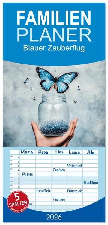 Produktbild: Familienplaner 2026 - Blauer Zauberflug mit 5 Spalten (Wandkalender, 21 x 45 cm) CALVENDO