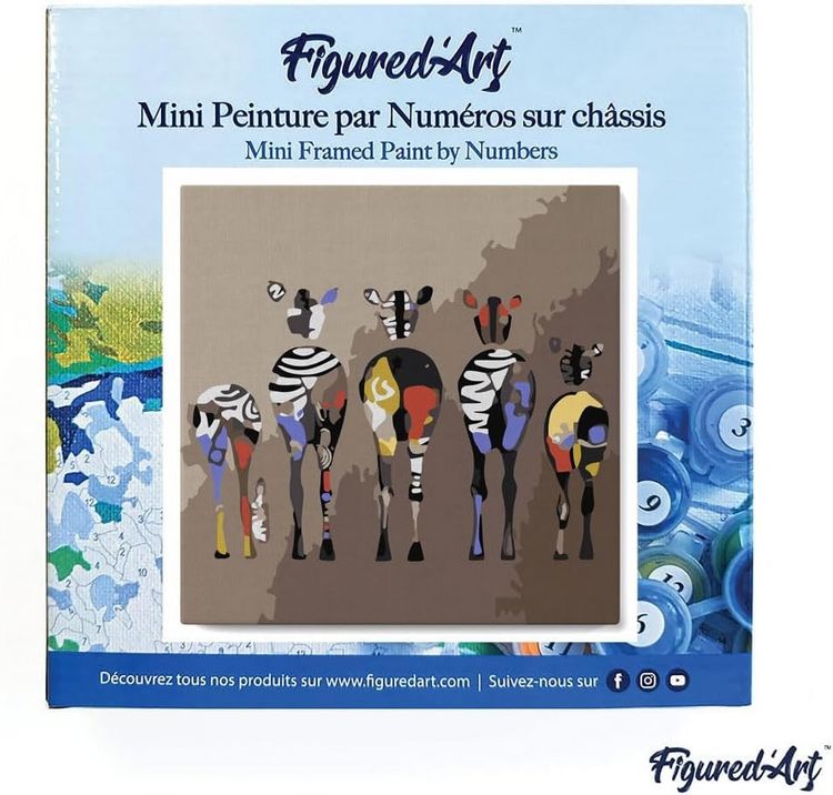 Produktbild: FiguredArt SFA090-Y - Mini Malen nach Zahlen, Zebras von Hinten, Leinwand-Keilrahmen 20x20cm, DIY Bastelset, Paint by Numbers