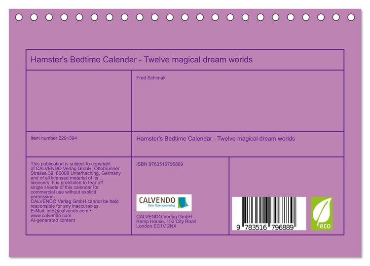 Produktbild: Hamster's Bedtime Calendar - Twelve magical dream worlds (Desk Calendar 2027 DIN A5 landscape), CALVENDO 12 Month DeskCalendar