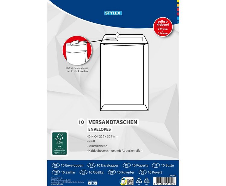 Produktbild: Stylex Versandtaschen, DIN C4, haftklebend, 10 St&uuml;ck