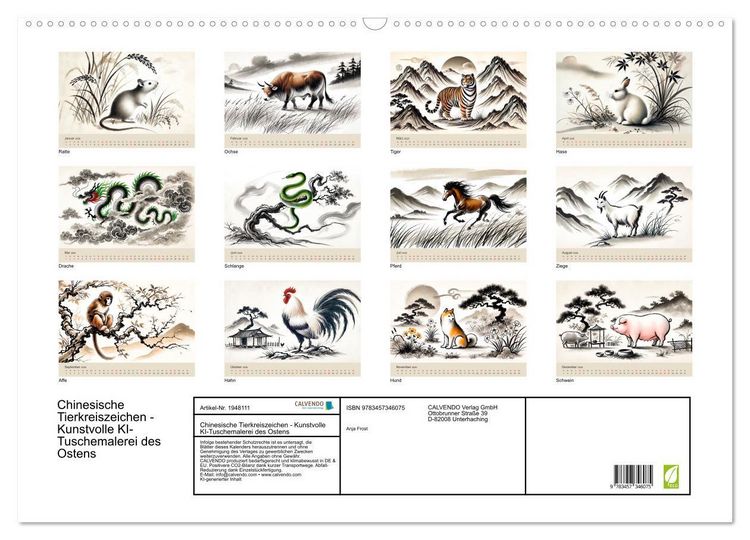 Produktbild: Chinesische Tierkreiszeichen - Kunstvolle KI-Tuschemalerei des Ostens (Wandkalender 2026 DIN A2 quer), CALVENDO Monatskalender