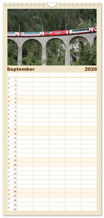 Produktbild: Familienplaner 2026 - Schweizer Eisenbahn mit 5 Spalten (Wandkalender, 21 x 45 cm) CALVENDO