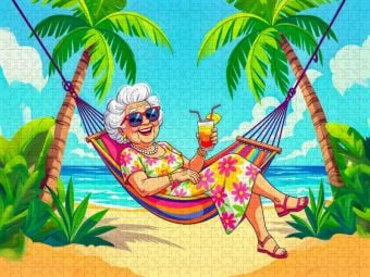 Produktbild: CALVENDO Puzzle Oma in der H&auml;ngematte genie&szlig;t endlose Cocktails | 1000 Teile Lege-Gr&ouml;&szlig;e 64x48cm Foto-Puzzle f&uuml;r gl&uuml;ckliche Stunden