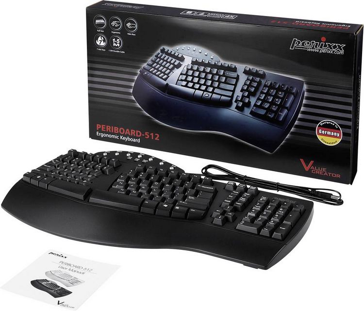 Produktbild: Perixx Periboard-512 USB Tastatur Deutsch, QWERTZ Schwarz Ergonomisch