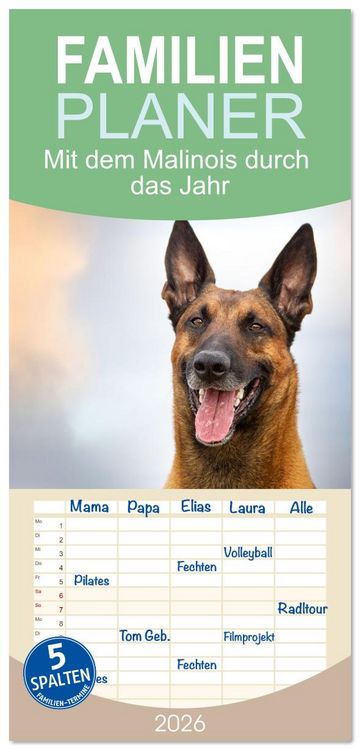 Produktbild: Familienplaner 2026 - Mit dem Malinois durch das Jahr mit 5 Spalten (Wandkalender, 21 x 45 cm) CALVENDO