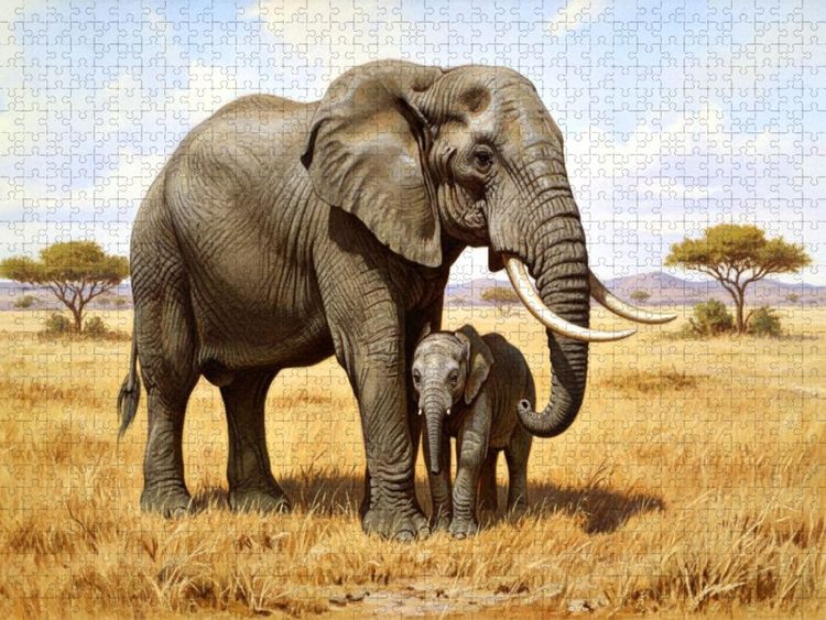 Produktbild: CALVENDO Puzzle Elefant mit Jungtier als Gem&auml;lde | 1000 Teile Lege-Gr&ouml;&szlig;e 64x48cm Foto-Puzzle f&uuml;r gl&uuml;ckliche Stunden
