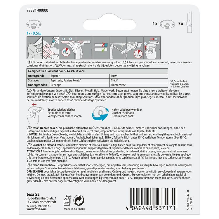 Produktbild: TESA&reg; Powerstrips&reg; Deckenhaken Tapete & Putz, weiss rund