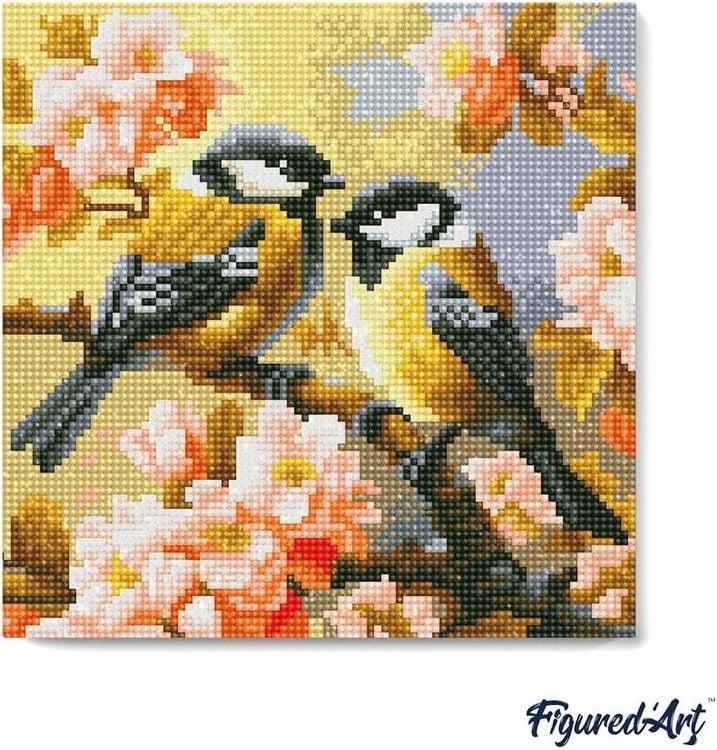 Produktbild: FiguredArt DP-SFA183-Y - Mini Diamond Painting, Vogelpaar zwischen Bl&uuml;ten, Leinwand-Keilrahmen (25x25cm), DIY Bastelset