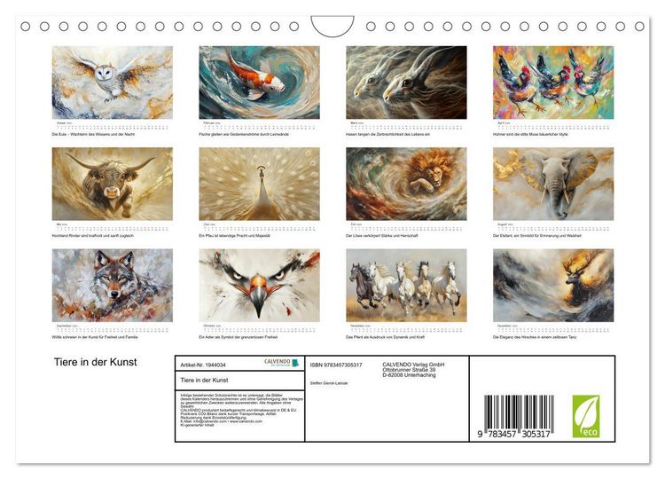 Produktbild: Tiere in der Kunst (Wandkalender 2026 DIN A4 quer), CALVENDO Monatskalender