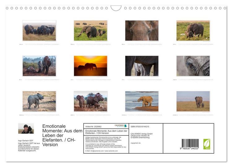 Produktbild: Emotionale Momente: Aus dem Leben der Elefanten. / CH-Version (Wandkalender 2026 DIN A3 quer), CALVENDO Monatskalender