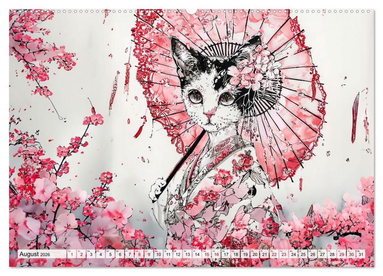 Produktbild: Geisha-Katzen - Mit Bl&uuml;ten, Schirm und Bambus im Japanstil (hochwertiger Premium Wandkalender 2026 DIN A2 quer), Kunstdruck in Hochglanz