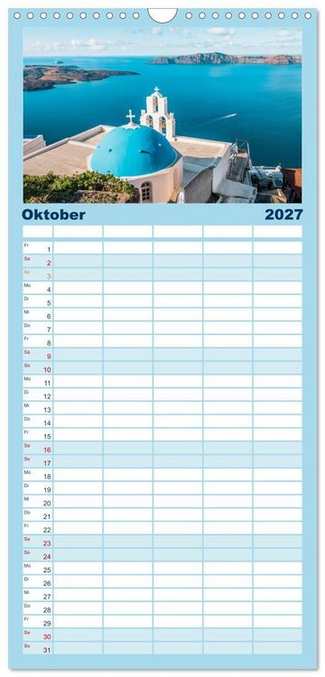 Produktbild: Familienplaner 2027 - Santorini - Die Perle der Kykladen mit 5 Spalten (Wandkalender, 21 x 45 cm) CALVENDO