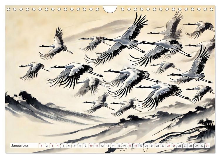 Produktbild: Eleganz der Kraniche - Majest&auml;tische V&ouml;gel in poetischer Tusche (Wandkalender 2026 DIN A4 quer), CALVENDO Monatskalender