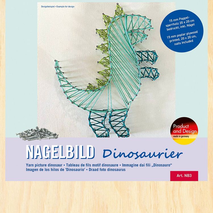 Produktbild: PEBARO NB3 - Nagelbild Dinosaurier, Fadenbild 20x20cm, String Art Bastelset inkl. N&auml;gel