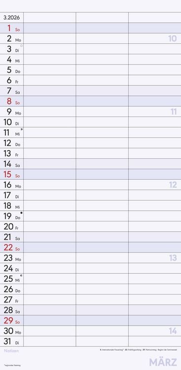 Planer für zwei 2026 mit 3 Spalten - Familien-Timer 22x45 cm - Offset-Papier - mit Ferienterminen - Wand-Planer - Familienkalender - Alpha Edition