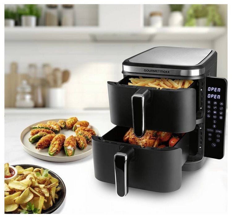 Produktbild: GourmetMaxx FryUp Vertical 15305 Hei&szlig;luft-Fritteuse 10 l 2800 W 2 getrennte Temperaturregler, Antihaftbeschichtung, digitaler Timer Schwarz