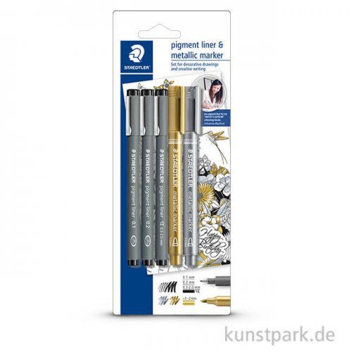 Produktbild: STAEDTLER Fineliner pigment liner 308 + 2 metallic pen, 5er Set