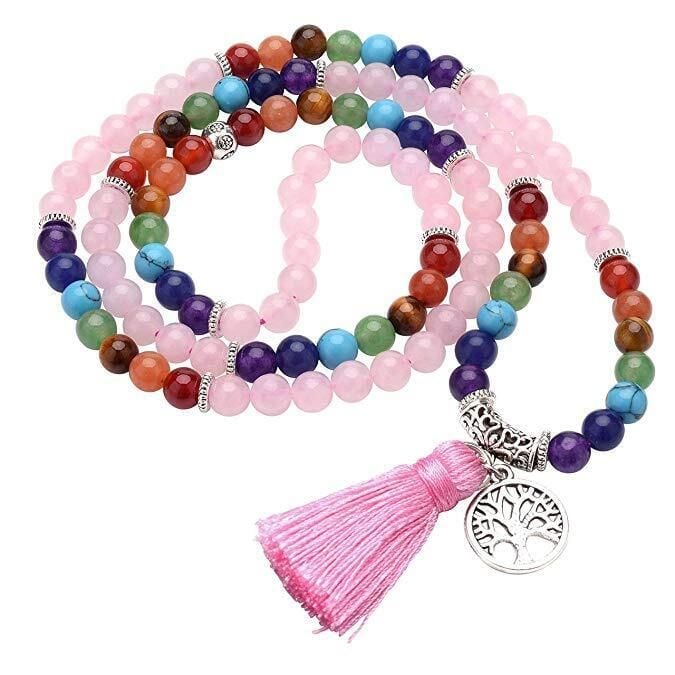 Produktbild: Mala "Chakra Lebensbaum" 108 Rosenquarz- und Chakra Edelsteine mit Metall Anh&auml;nger