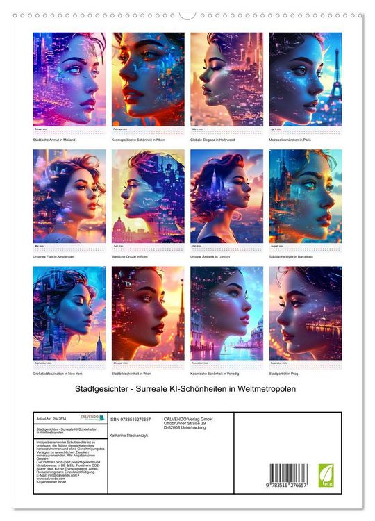 Produktbild: Stadtgesichter - Surreale KI-Sch&ouml;nheiten in Weltmetropolen (hochwertiger Premium Wandkalender 2026 DIN A2 hoch), Kunstdruck in Hochglanz