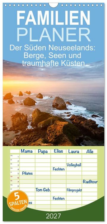 Produktbild: Familienplaner 2027 - Der S&uuml;den Neuseelands: Berge, Seen und traumhafte K&uuml;sten mit 5 Spalten (Wandkalender, 21 x 45 cm) CALVENDO
