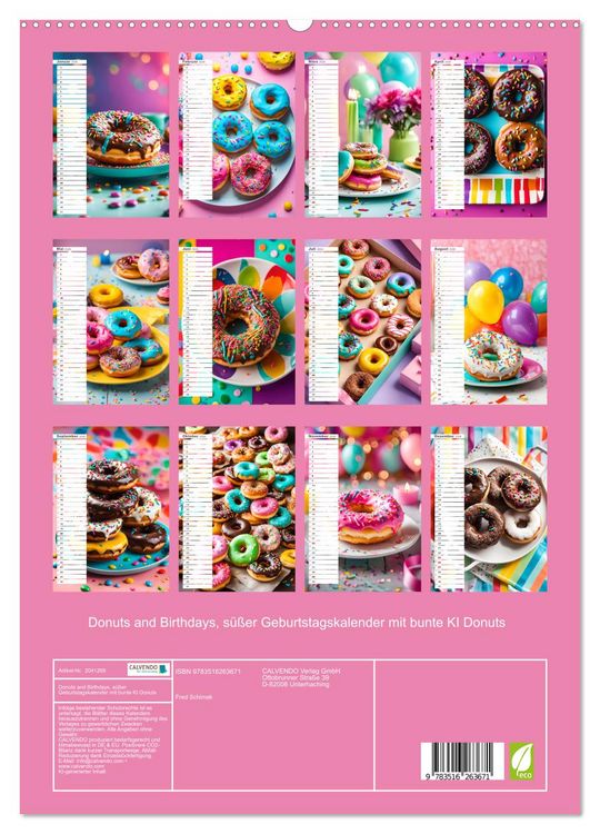 Produktbild: Donuts and Birthdays, s&uuml;&szlig;er Geburtstagskalender mit bunte KI Donuts (hochwertiger Premium Wandkalender 2026 DIN A2 hoch), Kunstdruck in Hochglanz