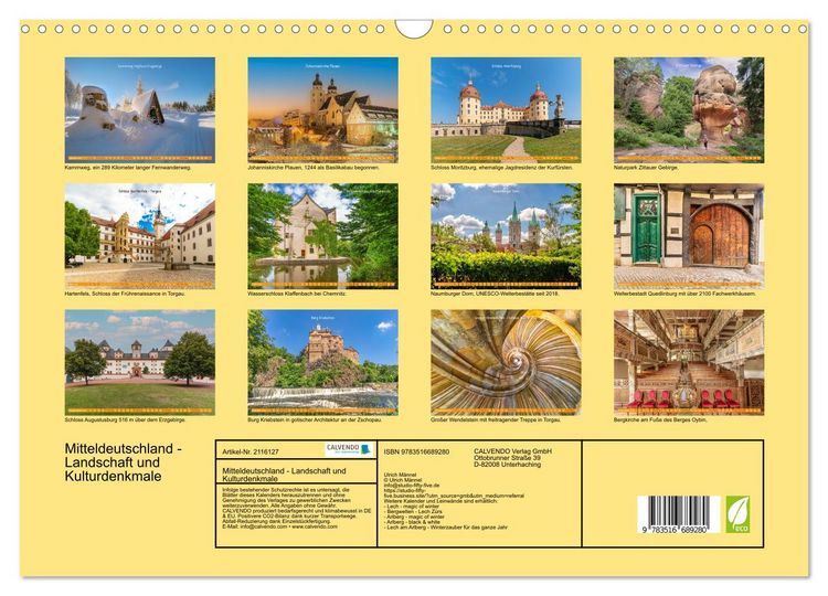 Produktbild: Mitteldeutschland - Landschaft und Kulturdenkmale (Wandkalender 2026 DIN A3 quer), CALVENDO Monatskalender