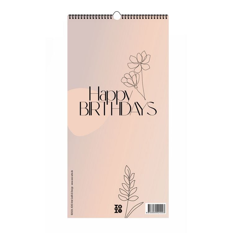 Produktbild: Immerw&auml;hrender Geburtstagskalender "Happy Birthdays" ohne Jahreszahl. Florale Lineart in Bohofarben.