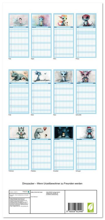 Produktbild: Familienplaner 2026 - Dinozauber &ndash; Wenn Urzeitbewohner zu Freunden werden mit 5 Spalten (Wandkalender, 21 x 45 cm) CALVENDO