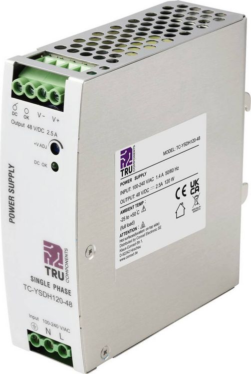 Produktbild: TRU COMPONENTS TC-13864568 Hutschienen-Netzteil (DIN-Rail) 48 V/DC 2.5 A 120 W Anzahl Ausg&auml;nge:1 x Inhalt 1 St.