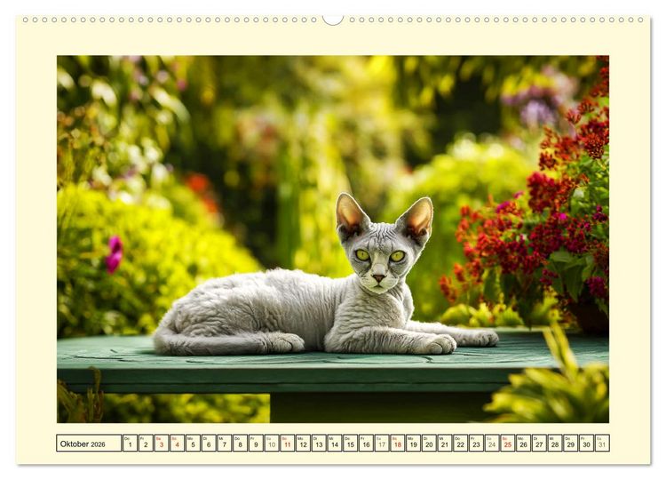 Produktbild: Devon Rex Katzen. Der aufgeweckte Kobold im Garten (hochwertiger Premium Wandkalender 2026 DIN A2 quer), Kunstdruck in Hochglanz