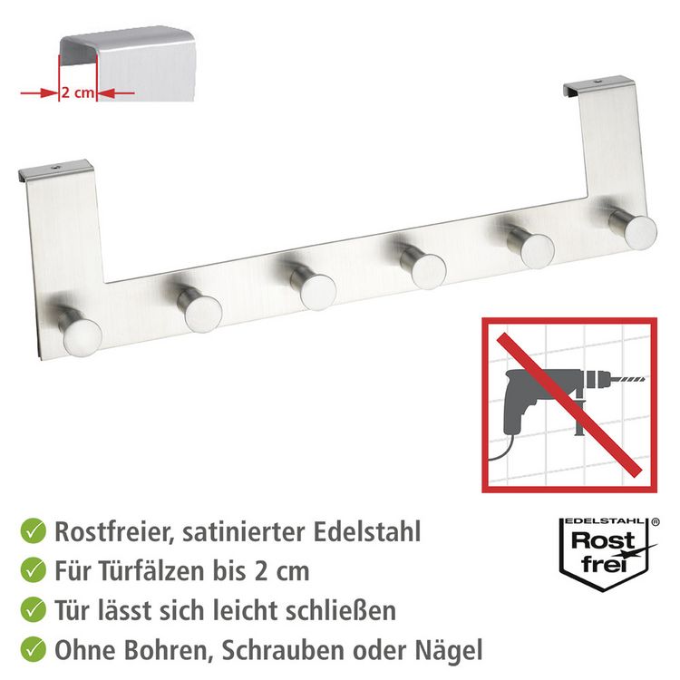 Produktbild: T&uuml;rgarderobe Edelstahl Mod. Celano, 6 Haken, f&uuml;r T&uuml;rfalzst&auml;rken bis 2 cm