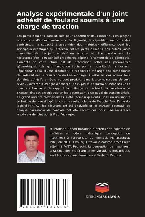 Produktbild: Analyse exp&eacute;rimentale d'un joint adh&eacute;sif de foulard soumis &agrave; une charge de traction