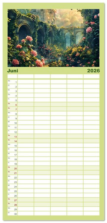 Produktbild: Familienplaner 2026 - Verwunschene G&auml;rten - Eine Zeitreise mit 5 Spalten (Wandkalender, 21 x 45 cm) CALVENDO