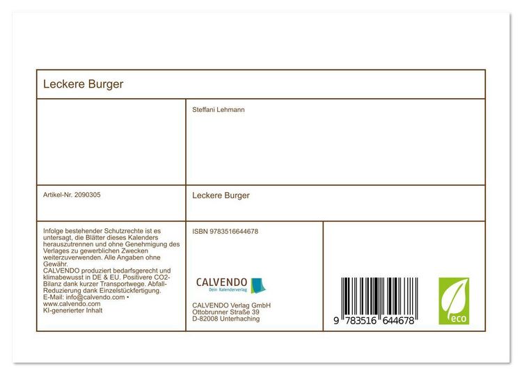 Produktbild: Leckere Burger (Tischkalender 2026 DIN A5 quer), CALVENDO Monatskalender