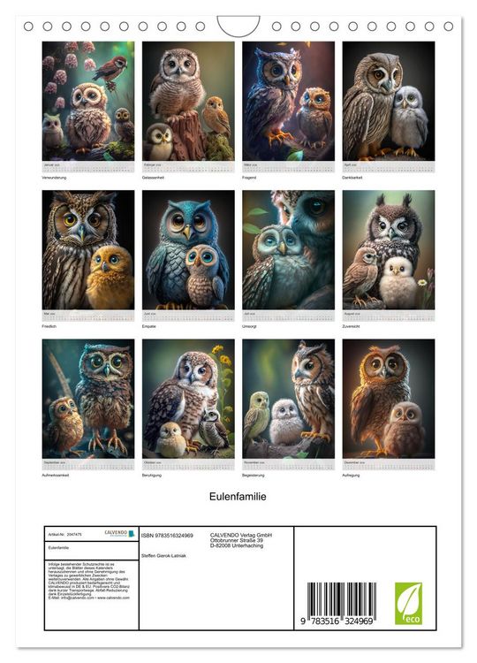 Produktbild: Eulenfamilie (Wandkalender 2026 DIN A4 hoch), CALVENDO Monatskalender