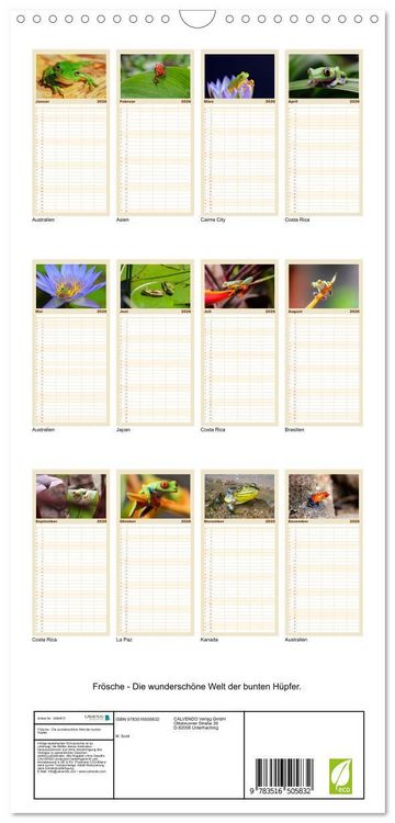 Produktbild: Familienplaner 2026 - Fr&ouml;sche - Die wundersch&ouml;ne Welt der bunten H&uuml;pfer. mit 5 Spalten (Wandkalender, 21 x 45 cm) CALVENDO