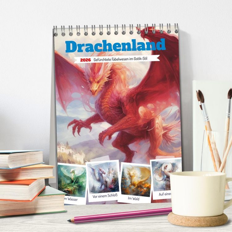 Produktbild: Drachenland. Gef&uuml;rchtete Fabelwesen im Gotik-Stil (Tischkalender 2026 DIN A5 hoch), CALVENDO Monatskalender