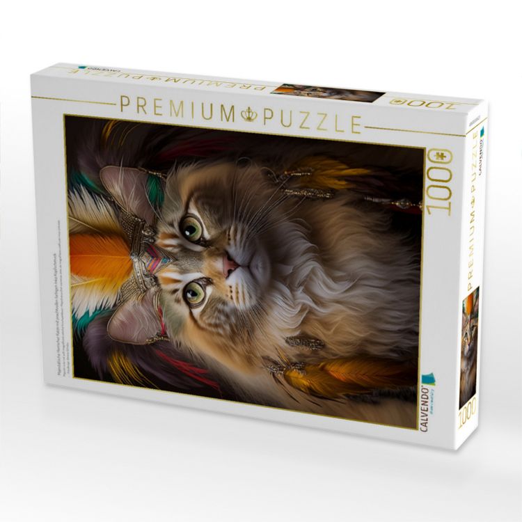 Produktbild: CALVENDO Puzzle Majest&auml;tische Herrscher Katze mit prachtvollen farbigen Inka Kopfschmuck | 1000 Teile Lege-Gr&ouml;&szlig;e 64x48cm Foto-Puzzle f&uuml;r gl&uuml;ckliche St