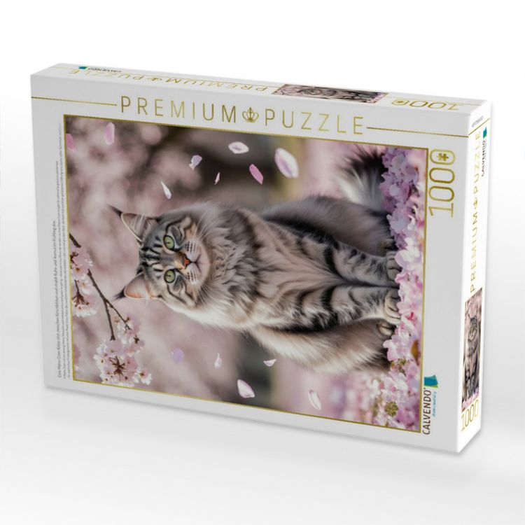 Produktbild: CALVENDO Puzzle Eine Maine Coon Katze sitzt zwischen Kirschbl&uuml;ten und strahlt Ruhe und Anmut im Fr&uuml;hling aus. | 1000 Teile Lege-Gr&ouml;&szlig;e 64x48cm Foto-Puz