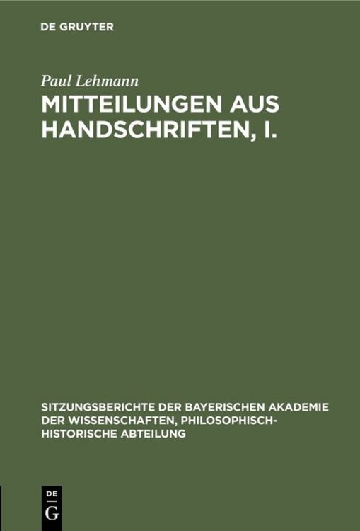 Produktbild: Mitteilungen aus Handschriften, I.