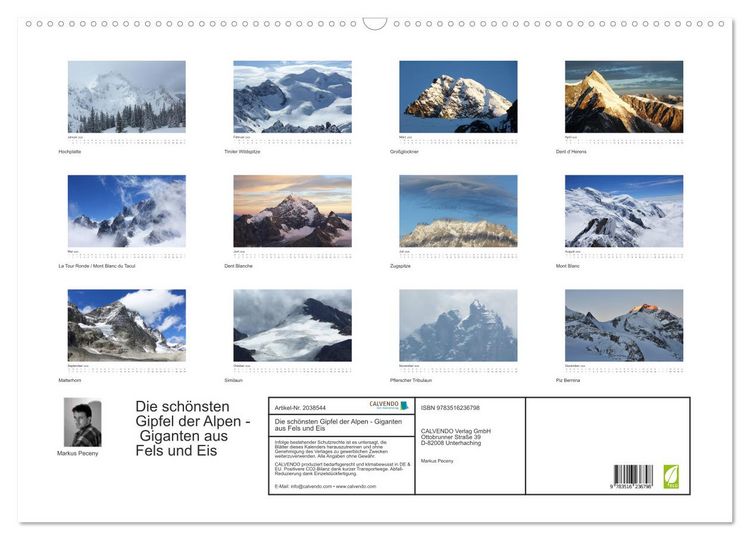 Produktbild: Die sch&ouml;nsten Gipfel der Alpen - Giganten aus Fels und Eis (Wandkalender 2026 DIN A2 quer), CALVENDO Monatskalender