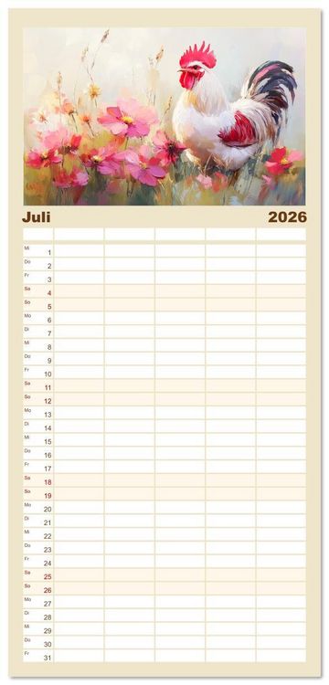 Produktbild: Familienplaner 2026 - Im Glanz der Federn. Sch&ouml;ne H&uuml;hner in malerischer Harmonie mit 5 Spalten (Wandkalender, 21 x 45 cm) CALVENDO