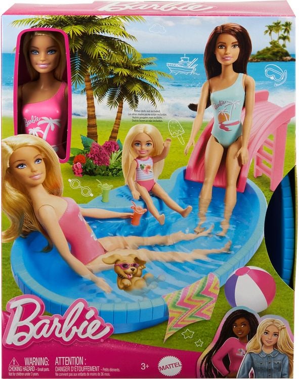 Produktbild: Barbie-Puppe und Pool Spielset, blonde Puppe mit Pool, Rutsche, Handtuch und Getränke-Accessoires